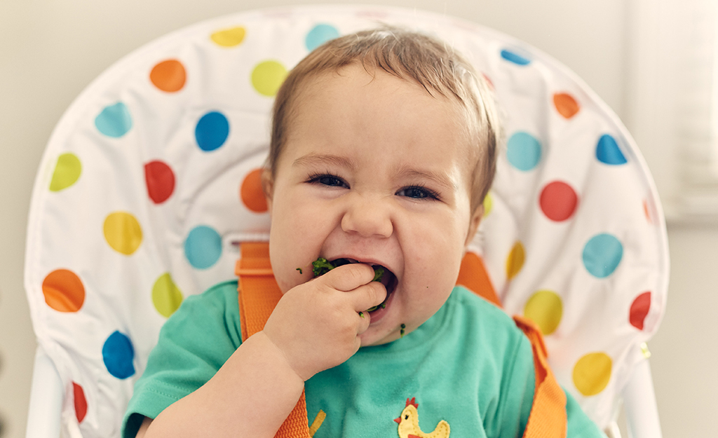 Baby sat in a high chair with their mouth open - they have food in their hand and they are eating it.